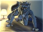  anthro bed bedroom breasts canid canine canis claws ear_piercing fangs female fluffy fluffy_tail fur furniture grey_body grey_fur hi_res inside lamp looking_at_viewer mammal mark_haynes neck_tuft nipples nude on_bed pawpads piercing solo tail teeth tuft wolf yellow_eyes 