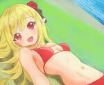  1girl bikini blonde_hair blush breasts cleavage ecute fang flower hair_flower hair_ornament heinkeluhu highres jashin-chan_dropkick long_hair looking_at_viewer navel open_mouth pointy_ears red_bikini red_eyes rose small_breasts smile solo swimsuit 