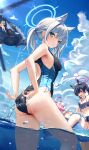  5girls adjusting_clothes adjusting_swimsuit ahoge aircraft animal_ear_fluff animal_ears ass ayane_(blue_archive) bikini bikini_skirt black_bikini black_one-piece_swimsuit blue-tinted_eyewear blue_archive blue_eyes blue_halo blue_ribbon blue_sky breasts cat_ears closed_eyes cloud commentary_request competition_swimsuit cross cross_hair_ornament cumulonimbus_cloud day earrings extra_ears eyewear_on_head fang foreclosure_task_force_(blue_archive) frilled_bikini frills grey_hair hair_ornament hair_ribbon halo hat helicopter highres hoshino_(blue_archive) hoshino_(swimsuit)_(blue_archive) inflatable_toy inflatable_whale inverted_cross jewelry light_blush light_brown_hair light_rays long_hair looking_at_viewer looking_back low_ponytail medium_breasts mismatched_pupils multicolored_clothes multicolored_swimsuit multiple_girls navel nonomi_(blue_archive) nonomi_(swimsuit)_(blue_archive) off-shoulder_bikini off_shoulder official_alternate_costume one-piece_swimsuit open_mouth outdoors parted_lips partial_commentary partially_submerged pink_hair red_eyes ribbon sandals serika_(blue_archive) serika_(swimsuit)_(blue_archive) shiroko_(blue_archive) shiroko_(swimsuit)_(blue_archive) sky smile solo_focus stomach stud_earrings sun_hat sunbeam sunglasses sunlight swimsuit tinted_eyewear tsuuhan twintails two-tone_swimsuit water water_drop white_bikini wolf_ears yellow_bikini 
