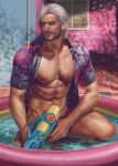  1boy abs aenaluck bara bare_pectorals bottomless facial_hair grey_hair hawaiian_shirt highres holding holding_water_gun large_pectorals male_focus master_(aenaluck) muscular muscular_male naked_shirt navel nipples open_clothes open_shirt original pectorals purple_shirt shirt short_hair solo thighs water_gun 