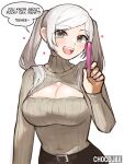  1girl artist_name breasts chocojax cleavage cleavage_cutout clothing_cutout covered_navel english_commentary english_text fire_emblem fire_emblem_awakening food heart highres holding holding_food holding_pocky long_hair looking_at_viewer medium_breasts open_mouth pocky pocky_day robin_(female)_(fire_emblem) robin_(fire_emblem) smile solo speech_bubble teeth twintails upper_body upper_teeth_only white_background white_hair 