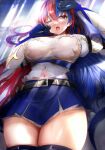  1girl adapted_costume alear_(female)_(fire_emblem) alear_(fire_emblem) blue_hair blush breasts crossed_bangs fire_emblem fire_emblem_engage gloves highres jewelry large_breasts long_hair looking_at_viewer lying multicolored_hair navel on_back one_eye_closed open_mouth red_eyes red_hair solo split-color_hair thick_thighs thighhighs thighs tiara tongari two-tone_hair very_long_hair yawning 