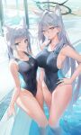  2girls absurdres ahoge animal_ear_fluff animal_ears armpits bare_arms bare_shoulders black_one-piece_swimsuit blue_archive blue_eyes breasts competition_swimsuit covered_navel extra_ears fox_ears grey_hair hair_between_eyes halo hand_on_own_hip highleg highleg_swimsuit highres large_breasts legs long_hair looking_at_viewer medium_breasts multiple_girls one-piece_swimsuit pdxen pool shiroko_(blue_archive) shiroko_(swimsuit)_(blue_archive) shiroko_(terror)_(blue_archive) short_ponytail sideboob sidelocks smile standing swimsuit thighs very_long_hair wading water white_hair 