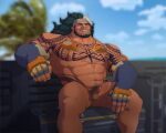  1boy abs bara black_hair bone_goblin chest_tattoo completely_nude dark-skinned_male dark_skin elbow_gloves erection feet_out_of_frame full_beard gloves grin highres huge_pectorals male_focus male_pubic_hair mature_male mauga_(overwatch) muscular muscular_male navel navel_hair nipples nude outdoors overwatch overwatch_2 penis pubic_hair public_indecency public_nudity sitting small_penis smile solo stomach strongman_waist tattoo thick_eyebrows uncensored 