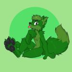  absurd_res anthro arm_tuft black_pawpads blep canid canine cheek_tuft chest_tuft elbow_tuft facial_tuft fluffy fluffy_tail fox fur green_background green_body green_fur hi_res male mammal multicolored_body multicolored_fur pawpads paws simple_background sitting sitting_on_ground smile solo tail tongue tongue_out tuft two_tone_body two_tone_fur wide_eyed xing1 