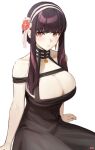  1girl bare_shoulders black_dress black_hair blunt_bangs breasts cleavage dress earrings hairband highres jewelry large_breasts long_hair looking_at_viewer parted_lips red_eyes sidelocks simple_background single_earring solo songchuan_li spy_x_family white_background yor_briar 