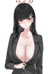  1girl alracoco black_hair blue_archive blunt_bangs blush breasts hair_ornament hairclip halo highres large_breasts long_hair long_sleeves looking_to_the_side red_eyes rio_(blue_archive) solo sweater_removed 