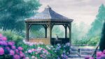  architecture artist_name bush cat cloud cloudy_sky commentary_request dated flower forest gazebo hydrangea kaminaga_mutsumi looking_at_another nature no_humans original overcast pavilion pink_flower railing rain scenery signature sitting sky stairs table tree 