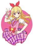  1girl aikatsu! aikatsu!_(series) blonde_hair blush bow closed_mouth collared_shirt commentary hair_bow hairband hand_on_own_hip heart highres hoshimiya_ichigo kousuke0912 long_hair looking_at_viewer necktie pink_skirt pink_vest puffy_short_sleeves puffy_sleeves red_eyes red_hairband red_necktie shirt short_sleeves skirt smile solo standing symbol-only_commentary v vest white_shirt wrist_cuffs 