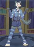  absurd_res anthro beastars bedroom canid canine canis clothed clothing footwear furniture hi_res legoshi_(beastars) long_tail male mammal multicolored_body open_mouth overalls psycheapple shoes simple_background smile solo sweater tail topwear wolf 