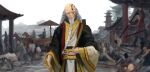  1boy absurdres balding beard blurry blurry_background braid braided_beard china chinese_clothes city crowd facial_hair fate/grand_order fate_(series) grey_hair highres long_beard long_hair looking_to_the_side male_focus multiple_braids old old_man people robe scar scar_on_face sgg13 solo_focus very_long_beard wrinkled_skin yellow_robe zhang_jue_(fate) 