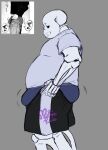  2023 animated_skeleton blue_clothing blue_underwear bone bottomwear bulge butt clothed clothing grey_background half-closed_eyes hi_res humanoid male meme mothiepixie narrowed_eyes not_furry sans_(undertale) shorts simple_background skeleton solo standing teeth tight_pants_(meme) undead undertale undertale_(series) underwear 