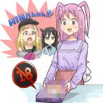  3girls :d @_@ bags_under_eyes black_hair blonde_hair box censored content_rating d: fanny_pack green_eyes hat high-waist_skirt holding holding_box kuroki_tomoko long_sleeves mosaic_censoring multiple_girls nemoto_hina off_shoulder okada_akane okiru open_mouth pink_hair pink_skirt plaid plaid_skirt purple_eyes purple_shirt shirt skirt smile sweat thick_eyebrows triangle_mouth two_side_up watashi_ga_motenai_no_wa_dou_kangaetemo_omaera_ga_warui! 