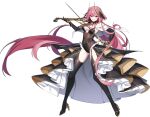  1girl absurdres bare_shoulders black_thighhighs counter:side dress full_body garter_straps hair_ornament high_heels highres holding holding_instrument instrument long_hair looking_at_viewer official_art pink_eyes pink_hair revealing_clothes shena_(counter:side) tachi-e tattoo thighhighs transparent_background very_long_hair 