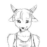  2011 2_horns anthro black_and_white bovid breasts bust_portrait caprine clothing eyebrows eyelashes fidchellvore fur goat horn mammal medium_breasts monochrome nan_(nq) nan_quest overalls portrait shirt simple_background snout solo topwear white_background 