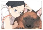  1girl animal_hands black_claws black_hair blue_eyes claws dog dog_paws german_shepherd glasses hand_on_another&#039;s_ear highres hooded_shirt laika_(sputnik2nd) looking_at_animal lying multicolored_fur orange_stripes original pawpads pointy_ears shirt sleeping whiskers white_shirt wooden_floor 