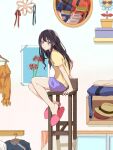  1girl arm_support black_hair hair_between_eyes highres inoue_takina long_hair looking_to_the_side lycoris_recoil on_chair pink_footwear purple_eyes shirt shorts sitting slippers slouching solo t-shirt wooden_chair yellow_shirt 