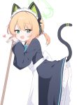  1girl absurdres animal_ear_headphones animal_ears apron black_dress blonde_hair blue_archive blue_ribbon cat_ears commentary dress fake_animal_ears fake_tail from_side green_eyes green_halo hagoonha halo headphones highres leaning_on_object leaning_to_the_side long_sleeves looking_at_viewer low_ponytail maid_apron midori_(blue_archive) midori_(maid)_(blue_archive) neck_ribbon open_mouth pantyhose parted_bangs puffy_long_sleeves puffy_sleeves ribbon short_hair sidelocks simple_background smile solo tail tail_raised upper_body white_apron white_background white_pantyhose 