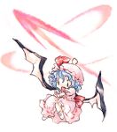  1girl bat_wings bow bow_legwear chibi dress hat hat_ribbon lowres micha_(futako) mob_cap no_nose no_shoes open_mouth pink_bow pink_dress pink_headwear puffy_short_sleeves puffy_sleeves red_ribbon remilia_scarlet ribbon short_sleeves smile socks solo touhou white_socks wings 