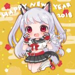  1girl 2018 azur_lane belt blush braid chibi claw_pose fang fingerless_gloves gloves happy_new_year ice48 mechanical_ears midriff miniskirt multicolored_nails open_mouth paw_print pleated_skirt red_belt red_eyes red_footwear red_ribbon ribbon school_uniform serafuku single_braid skirt solo stuffed_wolf tail thick_eyebrows white_hair white_leg_warmers wolf_girl wolf_tail yuudachi_(azur_lane) 