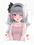  1girl :o ^^^ absurdres bare_shoulders bed_sheet black_bow black_hairband black_ribbon blanket blue_eyes blush bob_cut bow breasts camisole collarbone commentary from_above grey_hair hair_bow hairband heart highres implied_masturbation konpaku_youmu konpaku_youmu_(ghost) looking_at_viewer looking_up lying motion_lines on_back on_bed one_eye_closed open_mouth pillow pink_camisole raised_eyebrows ribbon short_hair small_breasts solo spaghetti_strap touhou trembling under_covers v_arms youmu-kun 