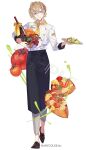  1boy apron basket black_apron blonde_hair blue_eyes bottle bow brown_footwear cheese chef cherry_tomato copyright cross-laced_footwear earrings ebira flower food fruit full_body fura_kanato garnish gold_trim grapes grey_pants hair_behind_ear hair_between_eyes head_tilt highres holding holding_basket holding_plate jacket jewelry lemon lemon_slice male_focus multicolored_hair neckerchief nijisanji official_art orange_flower orange_hair orange_rose pants parted_lips plate rose salad sample_watermark short_hair simple_background smile solo standing standing_on_one_leg streaked_hair toast tomato virtual_youtuber waist_apron watermark white_background white_jacket wine_bottle yellow_bow yellow_neckerchief 