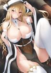  1girl azur_lane bare_shoulders blonde_hair breast_cutout breasts brown_eyes cleavage closed_mouth commentary_request covered_navel fake_horns hair_between_eyes highres holding_veil horns implacable_(azur_lane) knee_up large_breasts long_bangs long_hair looking_at_viewer nori_aji nun partial_commentary pelvic_curtain revealing_clothes smile solo thighhighs thighs veil very_long_hair white_horns white_thighhighs 