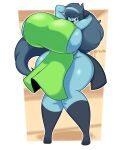  absurd_res anthro big_breasts big_butt blue_body blue_hair breasts butt clothing dewott dewy-eyedboy female generation_5_pokemon green_eyes hair hands_behind_head hi_res huge_breasts huge_butt huge_thighs hyper hyper_breasts looking_at_viewer nintendo one_eye_closed open_mouth pokemon pokemon_(species) smile solo standing thick_thighs unknown_character wink 