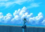  1girl black_skirt blunt_bangs closed_eyes cloud cumulonimbus_cloud day facing_viewer highres kuukou_(user_zexk2828) long_hair neckerchief ocean original outdoors school_uniform serafuku short_sleeves sitting skirt solo 