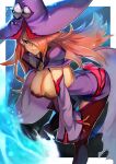  1girl bent_over black_sclera blazblue border breasts cape cleavage colored_sclera detached_sleeves dress hair_over_one_eye hat hinoru_saikusa konoe_a._mercury large_breasts long_hair looking_at_viewer orange_hair purple_cape purple_dress purple_headwear short_dress sleeves_past_wrists solo thighhighs white_border witch witch_hat yellow_eyes 