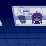  1girl ahoge alternate_costume black_suit blush_stickers chair charging_device closed_mouth commentary computer from_outside highres indoors konohoshi laptop long_sleeves looking_outside looking_up mouse_(computer) necktie office office_chair office_lady purple_eyes purple_hair purple_necktie raised_eyebrows short_hair_with_long_locks solo suit swivel_chair symbol-only_commentary vocaloid voiceroid wide_shot yuzuki_yukari 