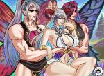  absurd_res accessory areola big_breasts black_clothing black_topwear blush blush_lines bottomwear bracelet breasts brown_horn cleavage clothed clothing crossed_legs curved_horn eljarochofeliz eyelashes female fire_emblem fire_emblem_heroes flower flower_in_hair freyja_(fire_emblem) grey_hair group hair hair_accessory hair_over_eye hi_res holding_breast horn horned_humanoid huge_breasts humanoid humanoid_pointy_ears insect_wings jewelry lepidopteran_wings loincloth long_hair meme muscular muscular_female nintendo one_eye_obstructed pink_areola plant plumeria_(fire_emblem) ponytail purple_hair record_of_ragnarok red_eyes servants_holding_aphrodite&#039;s_breasts_(meme) smile tan_body tan_skin thick_thighs topwear triandra_(fire_emblem) trio white_bottomwear white_clothing white_topwear wide_hips winged_humanoid wings 
