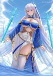  1girl absurdres archstreal artist_name bare_shoulders blue_eyes blush breasts cleavage closed_mouth fiona_(tower_of_fantasy) highres large_breasts long_hair looking_at_viewer outdoors sky solo tower_of_fantasy water white_hair 