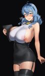  1girl 9eep absurdres ahoge ako_(blue_archive) areola_slip bare_shoulders bell black_background blue_archive blue_eyes blue_hair blush breasts breath covered_navel covered_nipples cowboy_shot curvy garter_straps gloves hair_between_eyes heavy_breathing highres holding huge_breasts looking_at_viewer nipples open_mouth see-through simple_background skindentation sleeveless smile solo standing steam steaming_body sweat thick_thighs thighhighs thighs underwear 