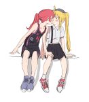  2girls absurdres ahoge alternate_costume black_shorts black_skirt black_tank_top blonde_hair blue_footwear blush bocchi_the_rock! closed_eyes collared_shirt full_body hand_on_another&#039;s_knee highres ijichi_nijika invisible_chair kiss kita_ikuyo long_hair multiple_girls one_side_up ponytail red_footwear red_hair shirt shoes shorts side_ponytail sidelocks simple_background sitting skirt sneakers surprise_kiss surprised tank_top tiffany_chou white_background white_shirt yuri 