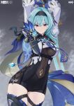  1girl absurdres arms_up artist_name aura black_hairband blue_cape blue_gloves blue_hair blue_necktie boots breasts cape chest_harness copyright_name covered_navel cowboy_shot eula_(genshin_impact) genshin_impact gloves gradient_background grey_background guangguangchaoren_2018 hair_between_eyes hair_ornament hairband hands_up harness high-waist_shorts highres holding holding_sword holding_weapon large_breasts linea_alba long_sleeves looking_at_viewer medium_hair necktie parted_lips purple_eyes shorts side_cape sidelocks skyward_pride_(genshin_impact) solo sword sword_behind_back thigh_boots two-tone_eyes vision_(genshin_impact) weapon white_sleeves wide_sleeves yellow_eyes 