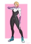  1girl abs absurdres blonde_hair bodysuit cirenk highres hood hood_down marvel mask multicolored_hair muscular muscular_female pink_hair shoes sneakers solo spider-gwen spider-man:_across_the_spider-verse spider-man:_into_the_spider-verse spider-man_(series) toned 