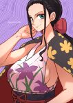  1girl aosora2823 artist_name black_hair blue_eyes blush bow closed_mouth commentary_request hair_bow highres japanese_clothes kimono long_hair low_ponytail nico_robin one_piece ponytail red_bow smile solo traditional_clothes 