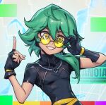  1boy asymmetrical_gloves bracelet fingerless_gloves gloves grin hands_up heartsteel_ezreal index_finger_raised jewelry league_of_legends mismatched_gloves multicolored_background phantom_ix_row short_sleeves smile solo teeth tinted_eyewear upper_body yellow-tinted_eyewear yellow_eyes 