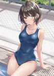  1girl :/ arm_support blue_one-piece_swimsuit blurry blurry_background blush breasts brown_eyes brown_hair chain-link_fence closed_mouth collarbone covered_navel day expressionless eye_reflection fence groin highres light_blush looking_at_viewer medium_breasts new_school_swimsuit on_floor one-piece_swimsuit original outdoors poolside reflection school_swimsuit short_hair sitting soaking_feet solo swimsuit water wet wet_clothes wet_swimsuit wing_(aiastor) 