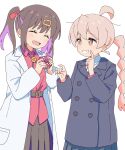  2girls :d ^_^ ahoge belt black_coat black_hair black_skirt bolo_tie braid brown_eyes closed_eyes coat commentary finger_to_mouth grin hair_ornament hairclip happy highres labcoat long_hair long_sleeves looking_at_another multicolored_hair multiple_girls onii-chan_wa_oshimai! open_mouth oyama_mahiro oyama_mihari pink_hair purple_hair red_shirt shirt siblings simple_background sisters skirt smile tetesudeesu twintails two-tone_hair white_background white_shirt wing_collar 