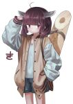  1girl absurdres ahoge alternate_costume arm_up blade blunt_bangs brown_hair brown_jacket cowboy_shot denim denim_shorts hand_in_pocket headgear highres jacket jitome kiritanpo_(food) letterman_jacket long_hair long_sleeves looking_at_viewer oversized_food oversized_object poyopoyo_(poyo_mega181) puffy_long_sleeves puffy_sleeves red_eyes shirt short_shorts shorts shoulder_strap simple_background solo standing touhoku_kiritan twintails voiceroid white_background white_shirt white_sleeves 