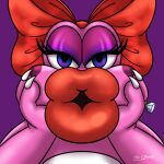  accessory anthro birdo birdo_(character) bow_(feature) bow_accessory bow_ribbon centered_hair_bow cross_dresser digital_media_(artwork) first_person_view girly hair_accessory hair_bow hair_ribbon hi_res kissing_pov kissy_face lidded_eyes lips lipstick looking_at_viewer makeup mario_bros nintendo puckered_lips red_lipstick reptile ribbons scalie simple_background solo tekandprieda_(artist) video_games 