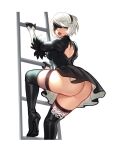  1girl ass back_cutout black_blindfold black_dress black_thighhighs blindfold blushyspicy boots breasts bulging_eyes climbing_ladder clothing_cutout curvy dress english_commentary english_text eye_pop gloves high_heel_boots high_heels juliet_sleeves large_breasts lips long_sleeves mole mole_under_mouth nier:automata nier_(series) open_mouth outline panties puffy_sleeves short_hair solo speech_bubble thigh_boots thighhighs thighs underwear white_hair white_outline white_panties yorha_no._2_type_b 