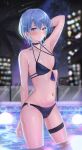  1girl absurdres arm_behind_head arm_up bikini black_bikini black_choker blurry blurry_background breasts choker cowboy_shot highres hololive hoshimachi_suisei looking_at_viewer navel night night_sky parted_lips shinigami_kiraki short_hair sky small_breasts solo star_(symbol) star_in_eye stomach swimsuit symbol_in_eye thigh_strap virtual_youtuber wading water wet 