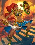  1girl abs armor blue_lips bracelet dark-skinned_female dark_skin earrings genzoman gerudo green_eyes high_heels highres holding holding_shield holding_sword holding_weapon jewelry long_hair midriff muscular muscular_female on_stairs pauldrons pointy_ears red_hair scimitar shield shoulder_armor solo sun sword the_legend_of_zelda the_legend_of_zelda:_breath_of_the_wild the_legend_of_zelda:_tears_of_the_kingdom urbosa weapon 
