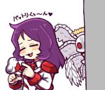 1boy armor bird bird_on_hand collared_shirt commentary_request employee_(lobotomy_corporation) hatake_shimeji lobotomy_corporation long_hair long_sleeves lowres multiple_wings necktie no_nose open_mouth project_moon punishing_bird purple_hair red_necktie shirt shoulder_armor smile translation_request white_background white_bird white_shirt whitenight_(lobotomy_corporation) wings 