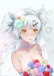  1girl absurdres blue_flower blue_rose blush bouquet breasts bridal_veil cleavage drill_hair flower for-miku grey_hair hair_flower hair_ornament highres holding holding_bouquet karenina_(punishing:_gray_raven) large_breasts orange_eyes parted_lips pink_flower pink_rose punishing:_gray_raven purple_flower purple_rose rose sidelocks tiara twin_drills veil yellow_flower yellow_rose 