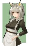  1girl animal_ear_fluff animal_ears apron arknights black_dress breasts brown_eyes character_request closed_mouth collared_dress dress frilled_apron frills green_background grey_hair hand_on_own_hip highres idashige_(walkietalkie) juliet_sleeves long_sleeves looking_at_viewer medium_breasts puffy_sleeves solo two-tone_background white_apron white_background 