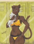  amber_eyes anthro athletic athletic_female bangs bra clothing drying felid feline female grizzlygus gym_clothing hi_res leopard locker_room mammal nisha_(grizzlygus) pantherine ravernclouk solo sports_bra spots towel underwear 